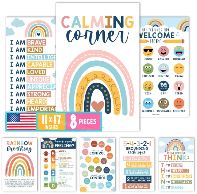 Main image of 8 Calming Corner Classroom Must Haves, Coping & Feelings Poster for Kids Calm Corner Posters with Emotions Chart, School Counselor Mental Health Posters, Feelings Wheel Calming Classroom Decor