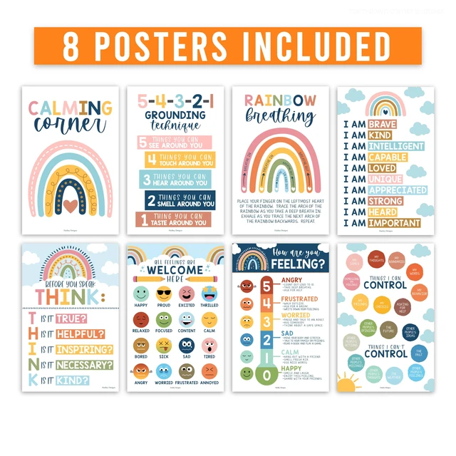 Alt view image 3 of 7 - 8 Calming Corner Classroom Must Haves, Coping & Feelings Poster for Kids Calm Corner Posters with Emotions Chart, School Counselor Mental Health Posters, Feelings Wheel Calming Classroom Decor