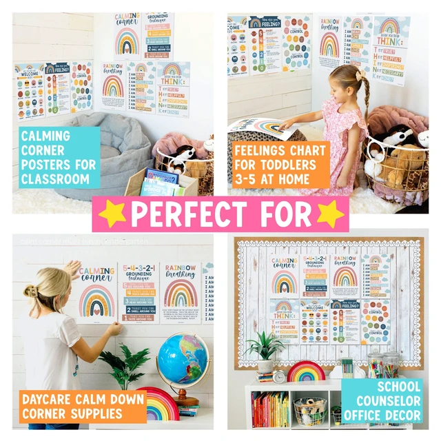 Alt view image 4 of 7 - 8 Calming Corner Classroom Must Haves, Coping & Feelings Poster for Kids Calm Corner Posters with Emotions Chart, School Counselor Mental Health Posters, Feelings Wheel Calming Classroom Decor