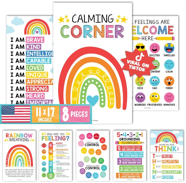 Main image of 8 Calming Corner Classroom Must Haves, Coping & Feelings Poster for Kids Calm Corner Posters with Emotions Chart, School Counselor Mental Health Posters, Feelings Wheel Calming Classroom Decor