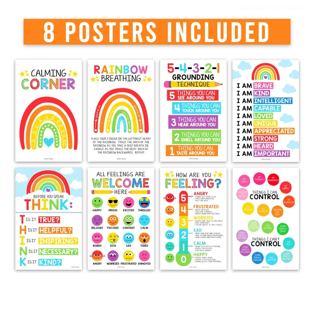 Alt view image 3 of 7 - 8 Calming Corner Classroom Must Haves, Coping & Feelings Poster for Kids Calm Corner Posters with Emotions Chart, School Counselor Mental Health Posters, Feelings Wheel Calming Classroom Decor