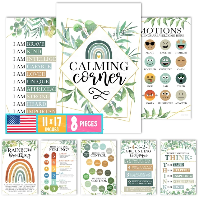 Main image of 8 Calming Corner Classroom Must Haves, Coping & Feelings Poster for Kids Calm Corner Posters with Emotions Chart, School Counselor Mental Health Posters, Feelings Wheel Calming Classroom Decor