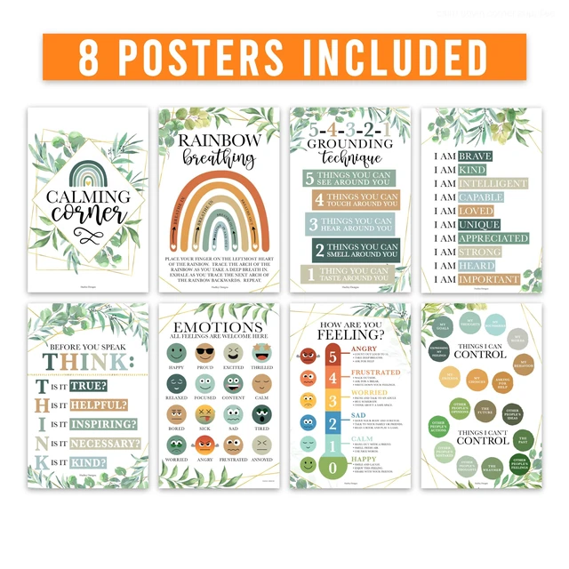 Alt view image 3 of 7 - 8 Calming Corner Classroom Must Haves, Coping & Feelings Poster for Kids Calm Corner Posters with Emotions Chart, School Counselor Mental Health Posters, Feelings Wheel Calming Classroom Decor