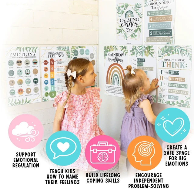Alt view image 5 of 7 - 8 Calming Corner Classroom Must Haves, Coping & Feelings Poster for Kids Calm Corner Posters with Emotions Chart, School Counselor Mental Health Posters, Feelings Wheel Calming Classroom Decor