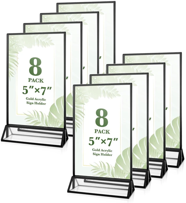Main image of 8 Pack 5x7 inch Acrylic Sign Holders, Double Sided Picture Frame Black Clear Picture Frame Stands, Menu Flyer Holder for Wedding Table Numbers, Restaurant Signs, Party and Office Photos