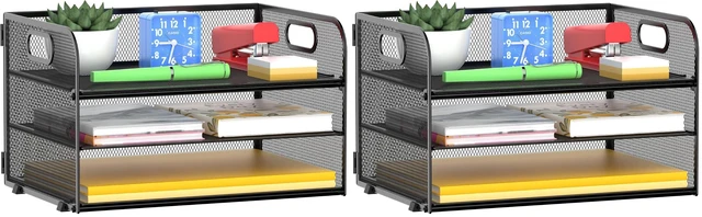 Main image of 3 Tier Paper Organizer Tray with Handle, Mesh Letter Tray for Office, Home, School (2 Pack), Black