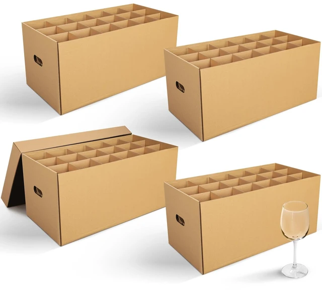Main image of 4 Pcs Wine Glass Moving Box Kit, Brown, 24 x 12 x 11 Inches Kitchen Glassware Packing Boxes with Dividers Handle, Glass Bottle Storage Box with Lid, Hold 72 Items, Sturdy Cardboard