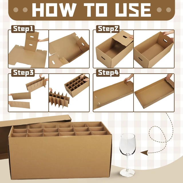 Alt view image 3 of 6 - 4 Pcs Wine Glass Moving Box Kit, Brown, 24 x 12 x 11 Inches Kitchen Glassware Packing Boxes with Dividers Handle, Glass Bottle Storage Box with Lid, Hold 72 Items, Sturdy Cardboard