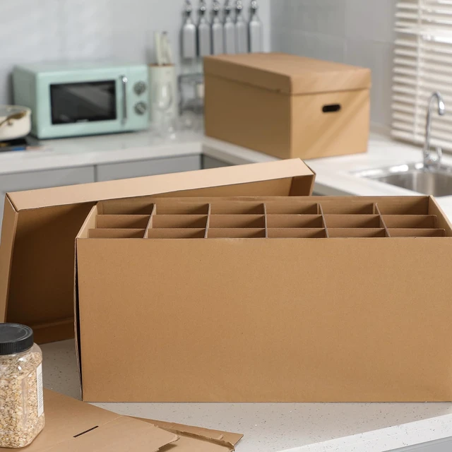 Alt view image 4 of 6 - 4 Pcs Wine Glass Moving Box Kit, Brown, 24 x 12 x 11 Inches Kitchen Glassware Packing Boxes with Dividers Handle, Glass Bottle Storage Box with Lid, Hold 72 Items, Sturdy Cardboard