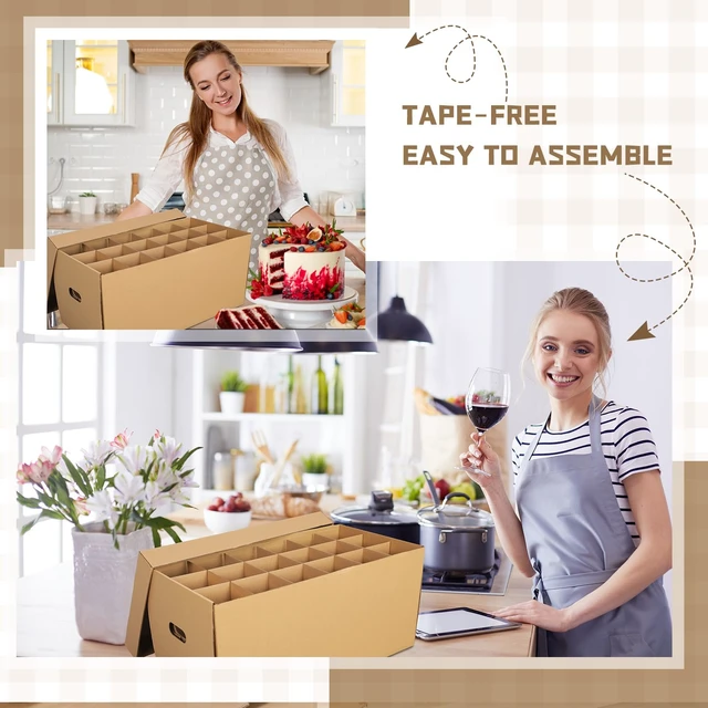 Alt view image 5 of 6 - 4 Pcs Wine Glass Moving Box Kit, Brown, 24 x 12 x 11 Inches Kitchen Glassware Packing Boxes with Dividers Handle, Glass Bottle Storage Box with Lid, Hold 72 Items, Sturdy Cardboard