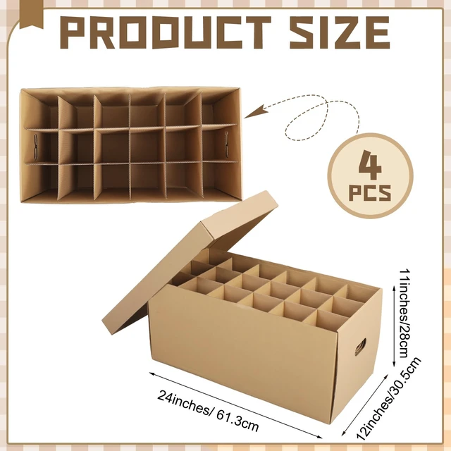 Alt view image 2 of 6 - 4 Pcs Wine Glass Moving Box Kit, Brown, 24 x 12 x 11 Inches Kitchen Glassware Packing Boxes with Dividers Handle, Glass Bottle Storage Box with Lid, Hold 72 Items, Sturdy Cardboard