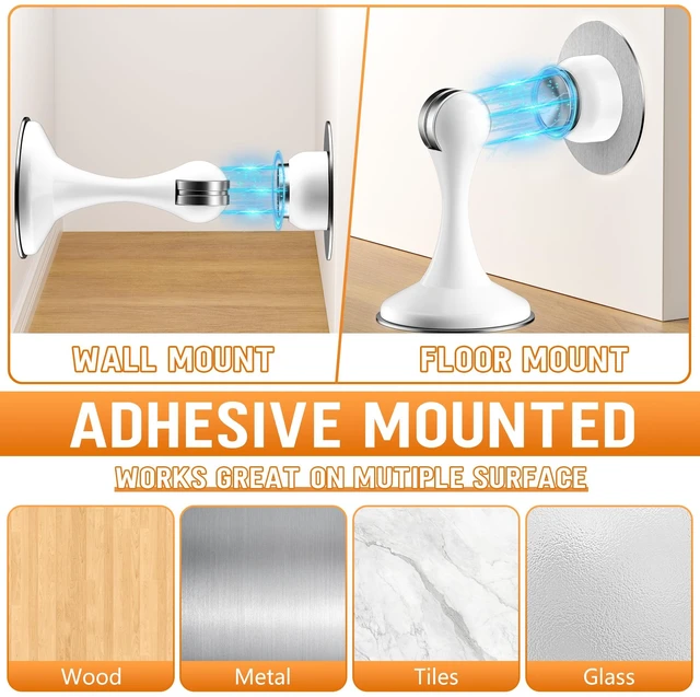Alt view image 5 of 7 - Magnetic Door Stoppers, 4 Pack Stainless Steel Magnetic Door Stops Wall & Floor Mounting Metal Doorstop, No Drilling Door Stop With Strong Adhesive Tapes, Door Holder to Keep Door Open, White