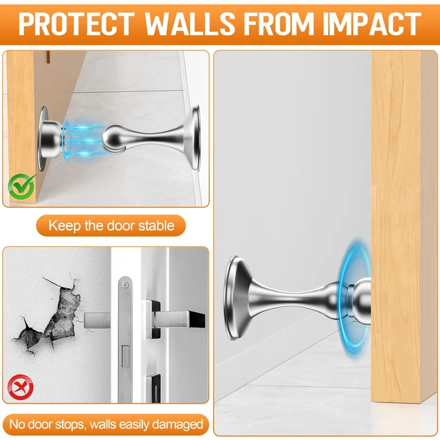 Alt view image 4 of 7 - Magnetic Door Stoppers, 4 Pack Stainless Steel Magnetic Door Stops Wall & Floor Mounting Metal Doorstop, No Drilling Door Stop With Strong Adhesive Tapes, Door Holder to Keep Door Open, Silver