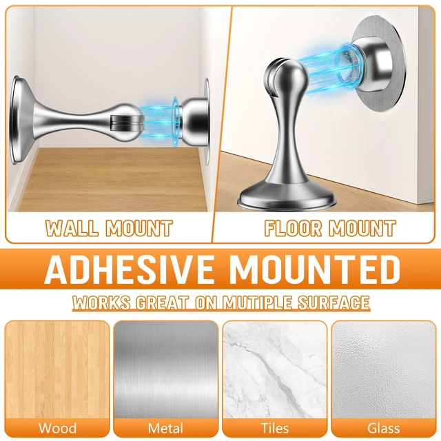 Alt view image 5 of 7 - Magnetic Door Stoppers, 4 Pack Stainless Steel Magnetic Door Stops Wall & Floor Mounting Metal Doorstop, No Drilling Door Stop With Strong Adhesive Tapes, Door Holder to Keep Door Open, Silver