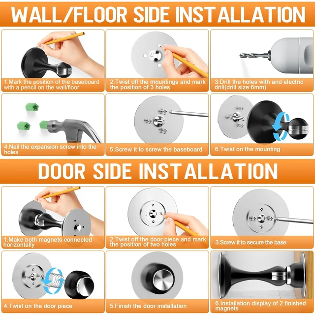 Alt view image 6 of 7 - Magnetic Door Stoppers, 4 Pack Stainless Steel Magnetic Door Stops Wall & Floor Mounting Metal Doorstop, No Drilling Door Stop With Strong Adhesive Tapes, Door Holder to Keep Door Open, White