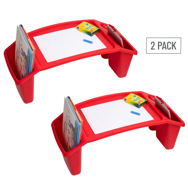 Alt view image 7 of 7 - Kids Lap Desk, Portable Activity Tray with Side Storage, Stackable Plastic Desk for Drawing, Snacks, Study, Set of 2, Red