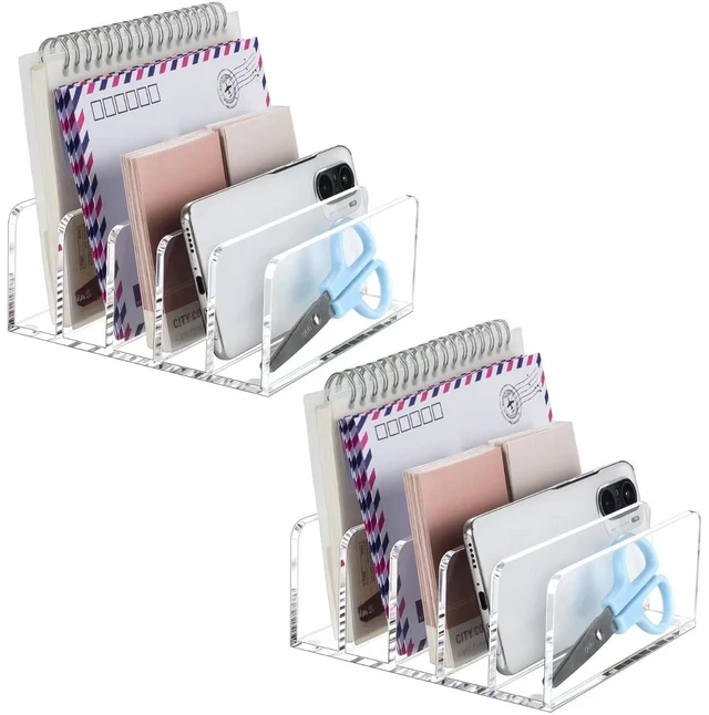 Main image of Acrylic Mail Holder, 5 Compartments Multifunction Desk Organizer Clear Vertical Letter Sorter with Dividers, Modern Office & Home Storage for Bills, Documents & Folders(2 Pack)