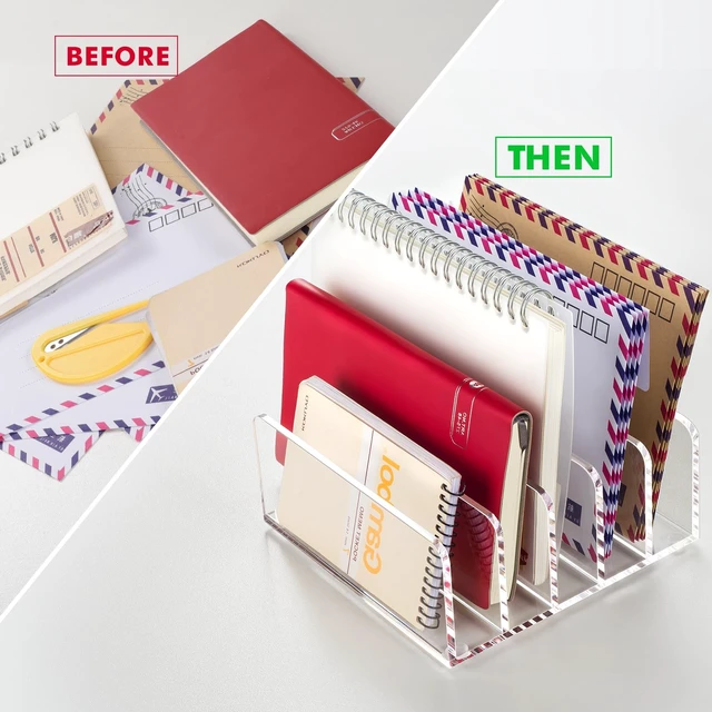Alt view image 2 of 7 - Acrylic Mail Holder, 5 Compartments Multifunction Desk Organizer Clear Vertical Letter Sorter with Dividers, Modern Office & Home Storage for Bills, Documents & Folders(2 Pack)