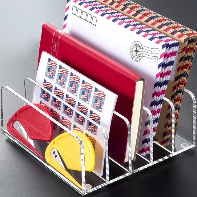 Alt view image 7 of 7 - Acrylic Mail Holder, 5 Compartments Multifunction Desk Organizer Clear Vertical Letter Sorter with Dividers, Modern Office & Home Storage for Bills, Documents & Folders(2 Pack)