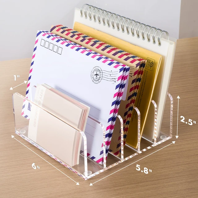Alt view image 6 of 7 - Acrylic Mail Holder, 5 Compartments Multifunction Desk Organizer Clear Vertical Letter Sorter with Dividers, Modern Office & Home Storage for Bills, Documents & Folders(2 Pack)
