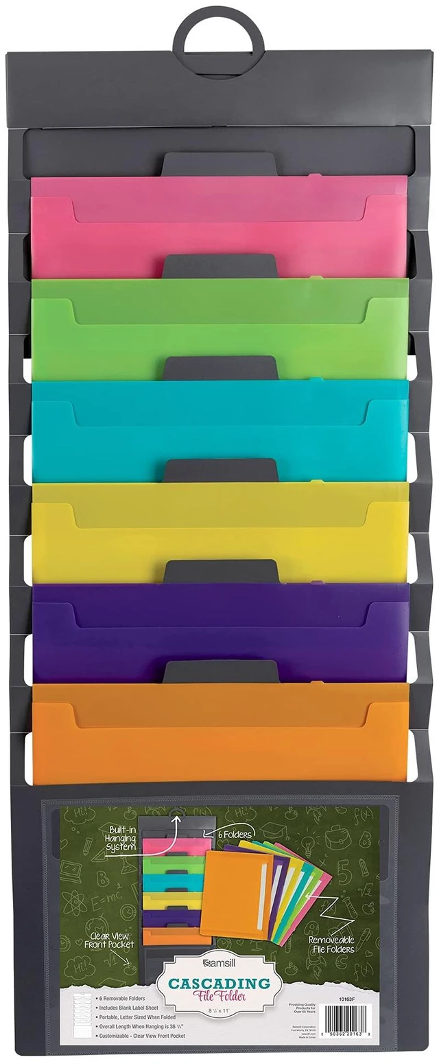 Main image of Cascading Wall File Organizer, Classrom Organization and Storage, 6 Removable Poly Hanging File Folders, Command Center Wall Organizer, Gray with Assorted Fashion Color Folders