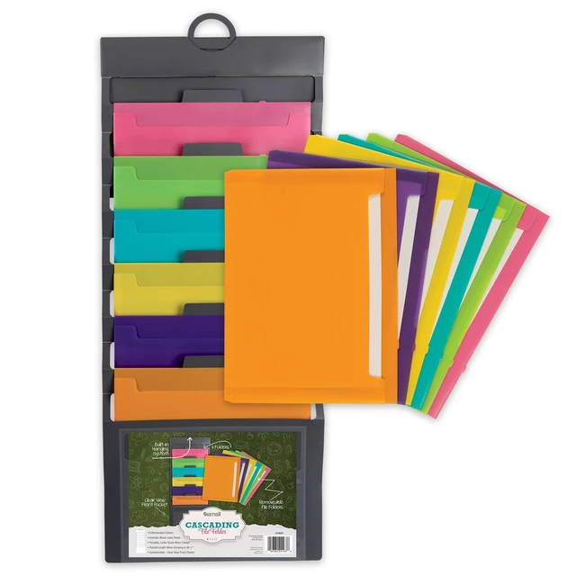 Alt view image 2 of 7 - Cascading Wall File Organizer, Classrom Organization and Storage, 6 Removable Poly Hanging File Folders, Command Center Wall Organizer, Gray with Assorted Fashion Color Folders