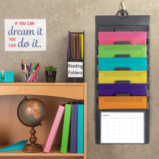 Alt view image 3 of 7 - Cascading Wall File Organizer, Classrom Organization and Storage, 6 Removable Poly Hanging File Folders, Command Center Wall Organizer, Gray with Assorted Fashion Color Folders