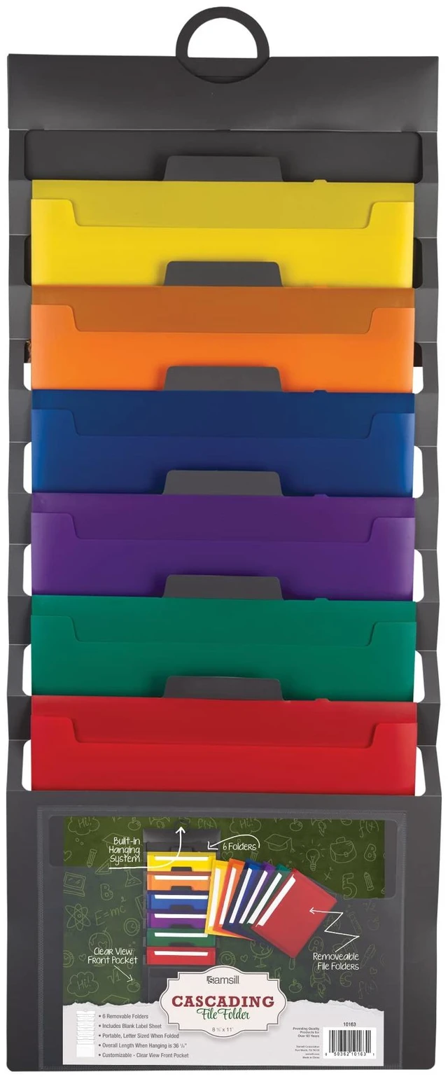 Main image of Cascading Wall File Organizer, Classrom Organization and Storage, 6 Removable Poly Hanging File Folders, Command Center Wall Organizer, Gray with Assorted Color Folders