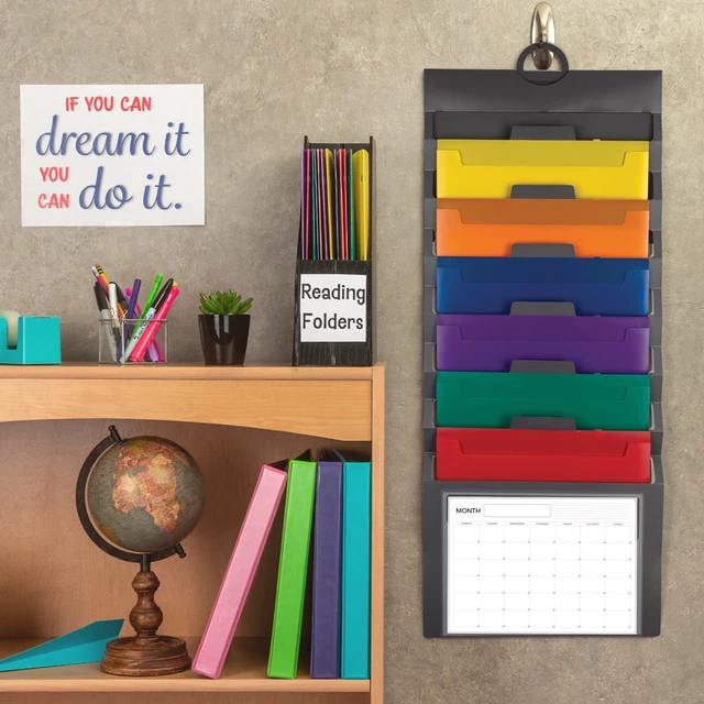 Alt view image 2 of 7 - Cascading Wall File Organizer, Classrom Organization and Storage, 6 Removable Poly Hanging File Folders, Command Center Wall Organizer, Gray with Assorted Color Folders