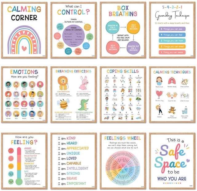 Main image of 9 Calming Corner Classroom Posters, Mental Health Posters Therapy Office Decor,Calm Down Corner Coping Skills Wall Art for Kids Toddler Classroom Preschool Homeschool Decoration, Feelings