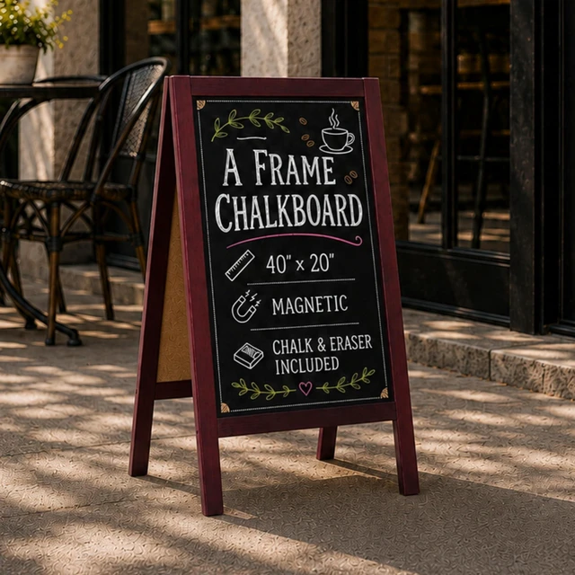 Main image of A-Frame Chalkboard Sidewalk Sign, 40x20 Inch - Mahogany, Sturdy Includes Chalk & Eraser, Freestanding Design, Magnetic Chalkboard Surface, For Restaurant, Business or Wedding Signage