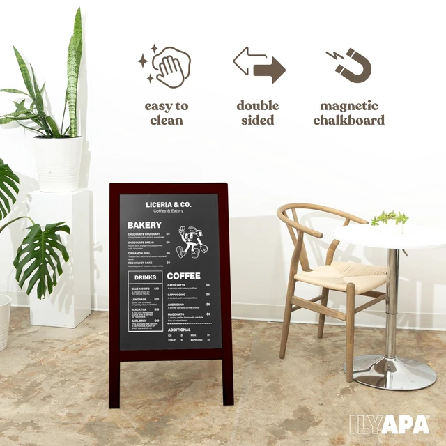Alt view image 3 of 7 - A-Frame Chalkboard Sidewalk Sign, 40x20 Inch - Mahogany, Sturdy Includes Chalk & Eraser, Freestanding Design, Magnetic Chalkboard Surface, For Restaurant, Business or Wedding Signage