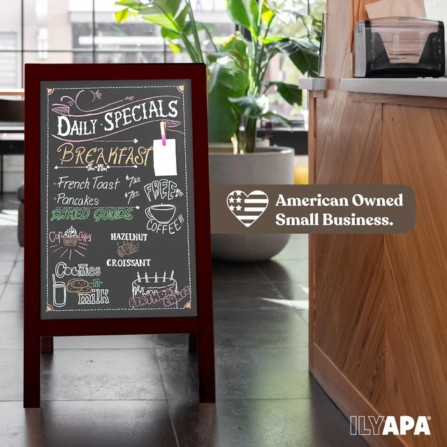 Alt view image 4 of 7 - A-Frame Chalkboard Sidewalk Sign, 40x20 Inch - Mahogany, Sturdy Includes Chalk & Eraser, Freestanding Design, Magnetic Chalkboard Surface, For Restaurant, Business or Wedding Signage