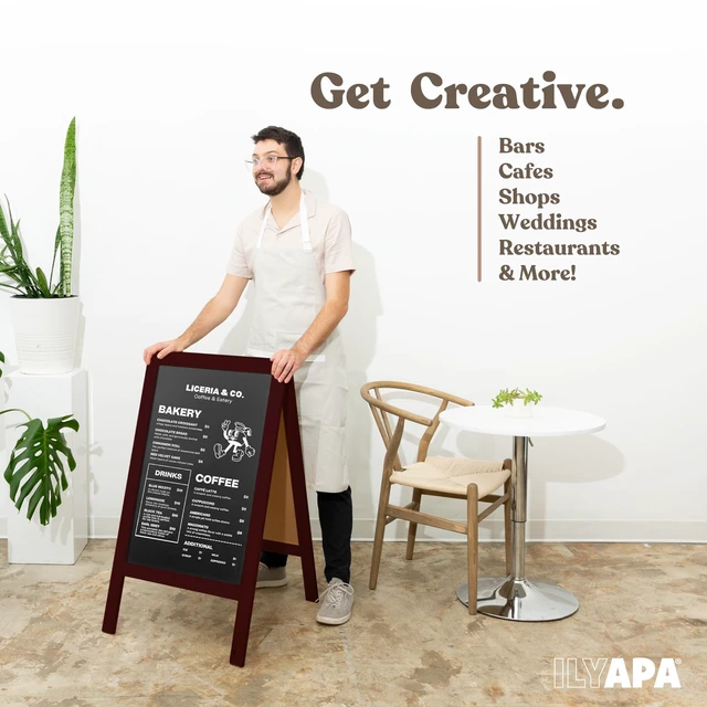 Alt view image 5 of 7 - A-Frame Chalkboard Sidewalk Sign, 40x20 Inch - Mahogany, Sturdy Includes Chalk & Eraser, Freestanding Design, Magnetic Chalkboard Surface, For Restaurant, Business or Wedding Signage