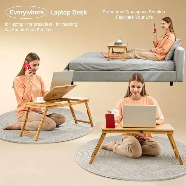 Alt view image 2 of 7 - Laptop Desk Bamboo Lap Desk, Adjustable Bed Tray, Large Size 7 Tilting Top Angles, 4 Heights, Drawer & Phone Slot, Foldable Serving Tray Breakfast Table 27.95" x 13.8"