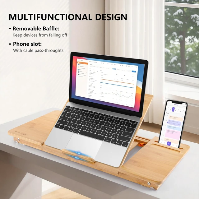 Alt view image 4 of 7 - Laptop Desk Bamboo Lap Desk, Adjustable Bed Tray, Large Size 7 Tilting Top Angles, 4 Heights, Drawer & Phone Slot, Foldable Serving Tray Breakfast Table 27.95" x 13.8"