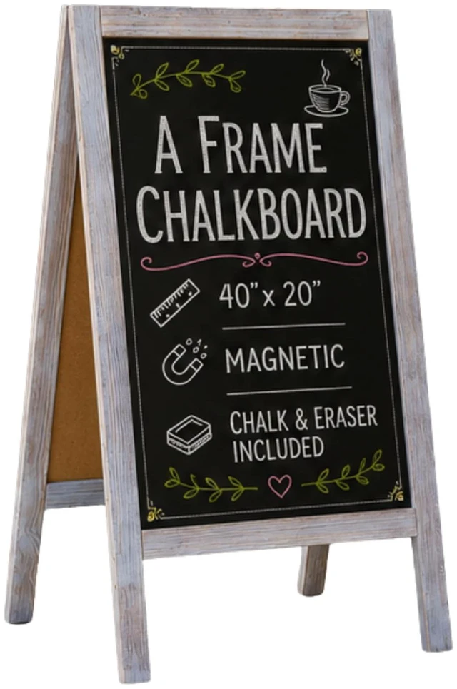 Main image of A Frame Chalk Board Easel Sign 40x20 in - Sandwich Signs Outdoor Solid Wood A Frame Chalkboard Sign, Magnetic Double-Sided Blackboard Easel, Includes Chalk & Eraser
