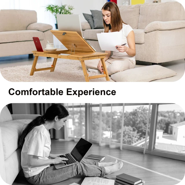 Alt view image 7 of 7 - Laptop Desk Bamboo Lap Desk, Adjustable Bed Tray, Large Size 7 Tilting Top Angles, 4 Heights, Drawer & Phone Slot, Foldable Serving Tray Breakfast Table 27.95" x 13.8"