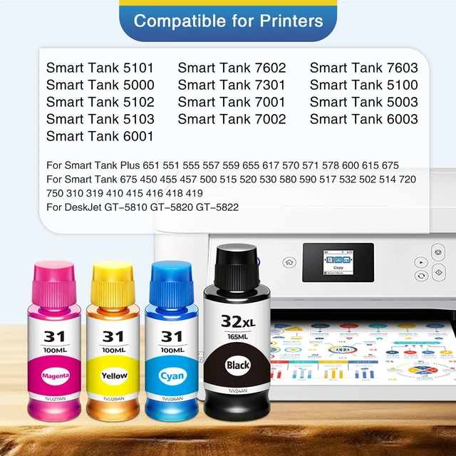 Alt view image 2 of 7 - 32xl Black Ink Bottle 31 Smart Tank 5101 6001 5000 7602 7301 Ink Refill Compatible for HP 31 Ink Bottles Set for Ink 31 and 32xl Compatible for HP Smart Tank 7603 5100 5003 6003 651 7002 5000 7001