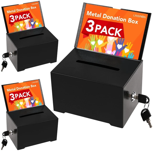 Main image of Suggestion Boxes with Slot and Lock, 3 Pack Metal Donation Boxes Suggestion Box for Fundraising with Lock & Sign Holder, Black Tip Jar for Office, Fundraising, Church, School