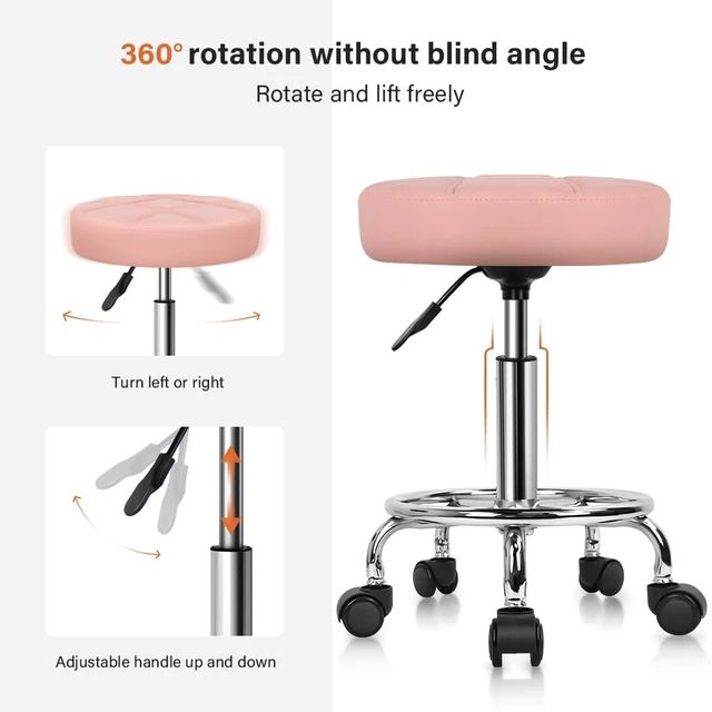 Alt view image 4 of 7 - Round Rolling Stool Chair PU Leather Height Adjustable Swivel Drafting Work SPA Shop Salon Stools with Wheels Office Chair Small (Pink)