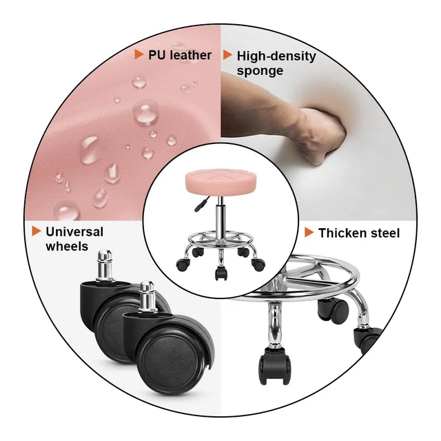 Alt view image 5 of 7 - Round Rolling Stool Chair PU Leather Height Adjustable Swivel Drafting Work SPA Shop Salon Stools with Wheels Office Chair Small (Pink)