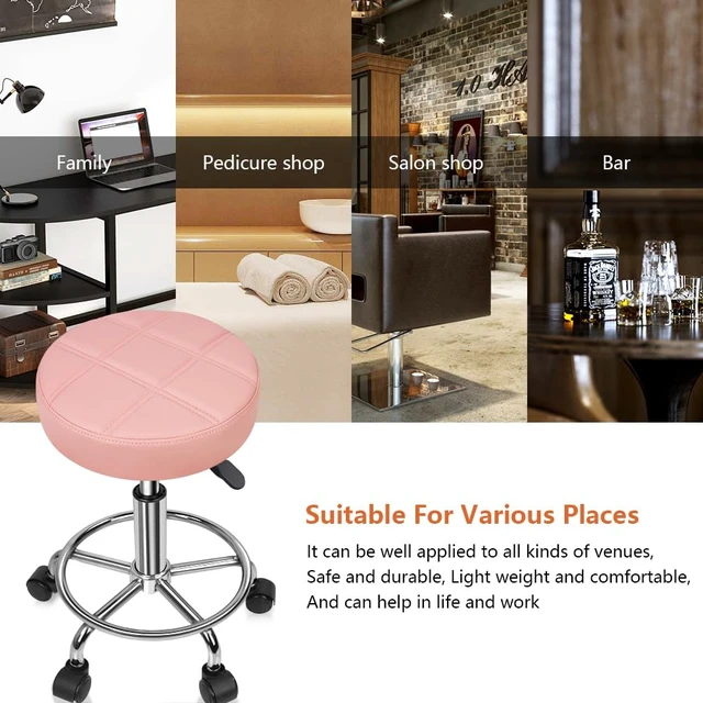 Alt view image 6 of 7 - Round Rolling Stool Chair PU Leather Height Adjustable Swivel Drafting Work SPA Shop Salon Stools with Wheels Office Chair Small (Pink)