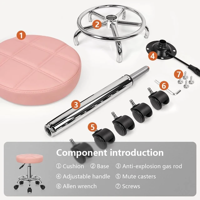 Alt view image 7 of 7 - Round Rolling Stool Chair PU Leather Height Adjustable Swivel Drafting Work SPA Shop Salon Stools with Wheels Office Chair Small (Pink)