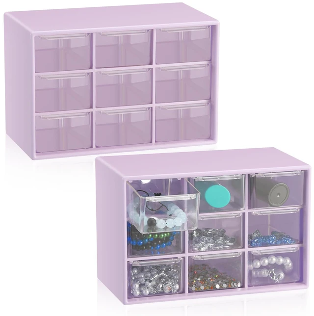 Main image of 2 Pcs Mini Storage Drawers with 9 Clear Drawers, Purple Desktop Organizer for Beads Buttons Crafts Supplies, Transparent Bins Easy View, Ideal for Classroom Desk Office, Stackable