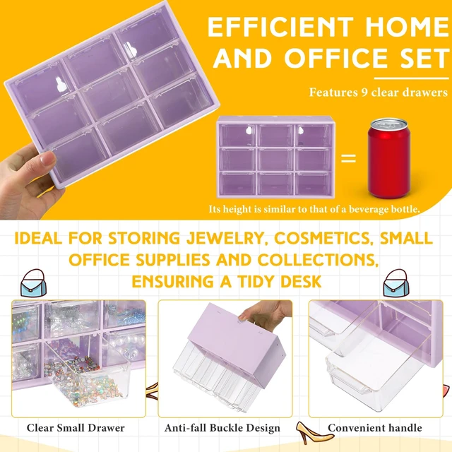 Alt view image 3 of 6 - 2 Pcs Mini Storage Drawers with 9 Clear Drawers, Purple Desktop Organizer for Beads Buttons Crafts Supplies, Transparent Bins Easy View, Ideal for Classroom Desk Office, Stackable