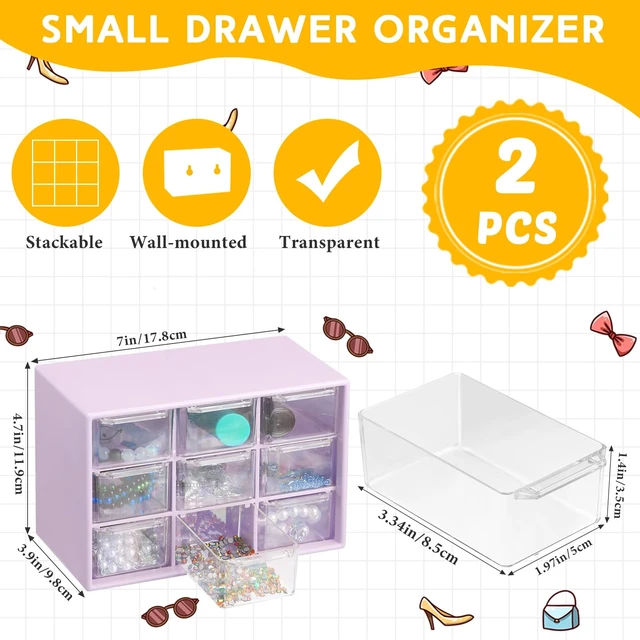 Alt view image 2 of 6 - 2 Pcs Mini Storage Drawers with 9 Clear Drawers, Purple Desktop Organizer for Beads Buttons Crafts Supplies, Transparent Bins Easy View, Ideal for Classroom Desk Office, Stackable