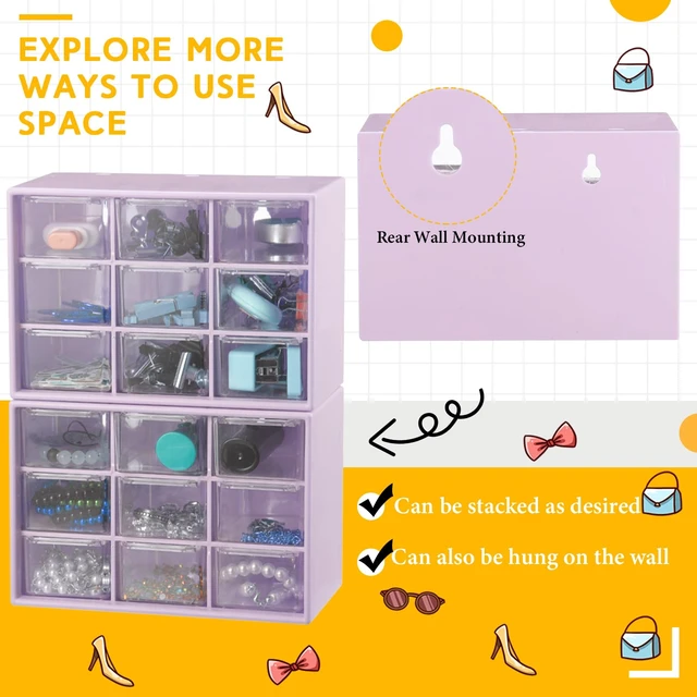 Alt view image 4 of 6 - 2 Pcs Mini Storage Drawers with 9 Clear Drawers, Purple Desktop Organizer for Beads Buttons Crafts Supplies, Transparent Bins Easy View, Ideal for Classroom Desk Office, Stackable