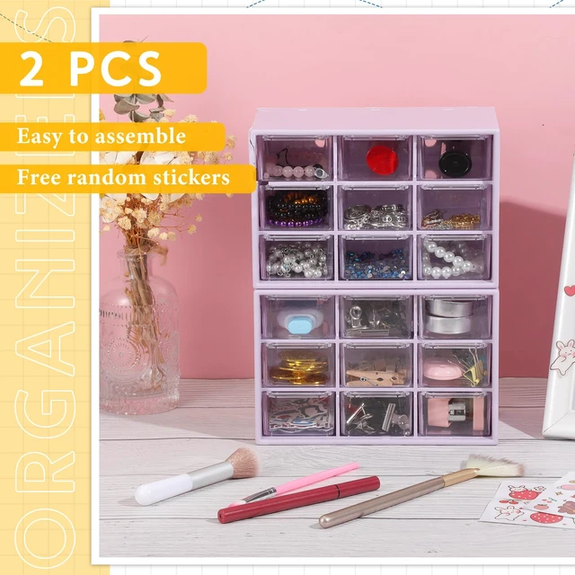 Alt view image 6 of 6 - 2 Pcs Mini Storage Drawers with 9 Clear Drawers, Purple Desktop Organizer for Beads Buttons Crafts Supplies, Transparent Bins Easy View, Ideal for Classroom Desk Office, Stackable