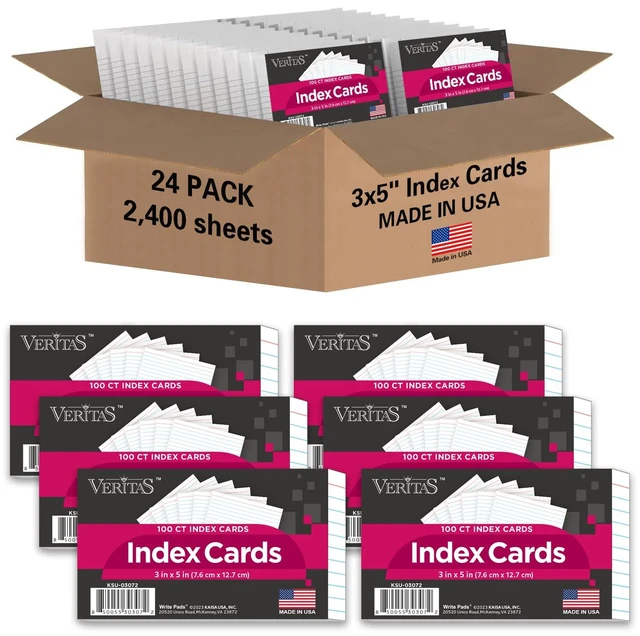Main image of Index Cards Bulk, 2400 Flash Cards (24 Packs of 100), Wide Ruled Notecard, Blank Back Note Cards, Lined Flashcards for Studying School Home and Office, Made in USA (3x5)